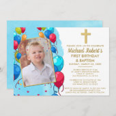 可愛いブルーフォトボーイ1歳の誕生日バプテスマ 招待状 (正面/裏面)