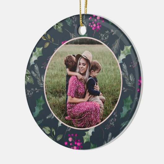 可愛いブルーフローラクリスマスフォト セラミックオーナメント (左)