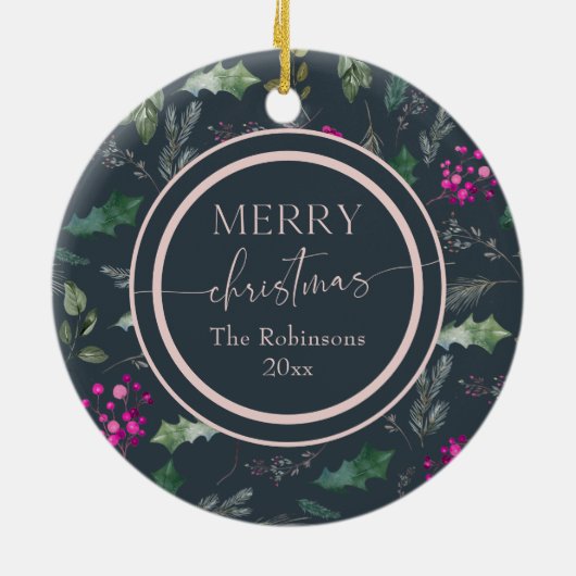 可愛いブルーフローラクリスマスフォト セラミックオーナメント (裏面)