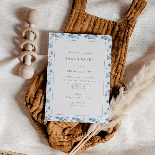 可愛いブルーフローラルパターンベビーシャワー招待状 招待状