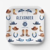 可愛いブルーブラウンホースカウボーイハットブーツ水色 ペーパープレート (正面)