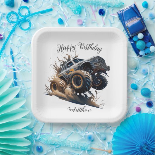 可愛いブルーブラウンレースモンスタートラックキッズ誕生日 ペーパープレート (パーティー)