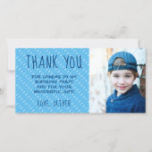 可愛いブルーホワイトパターンボーイフォト誕生日 サンキューカード (正面)