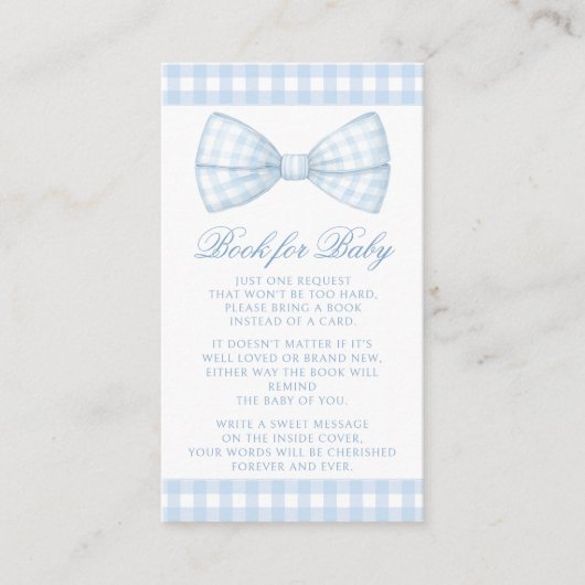 可愛いブルーボウタイギンガムブック赤ちゃんのボーイシャワー エンクロージャーカード (正面)