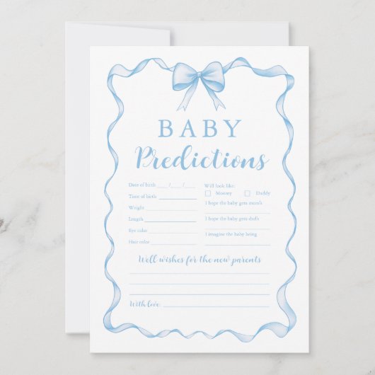 可愛いブルーボウボーイ赤ちゃんシャワーベビー予測ゲーム 招待状 (正面)