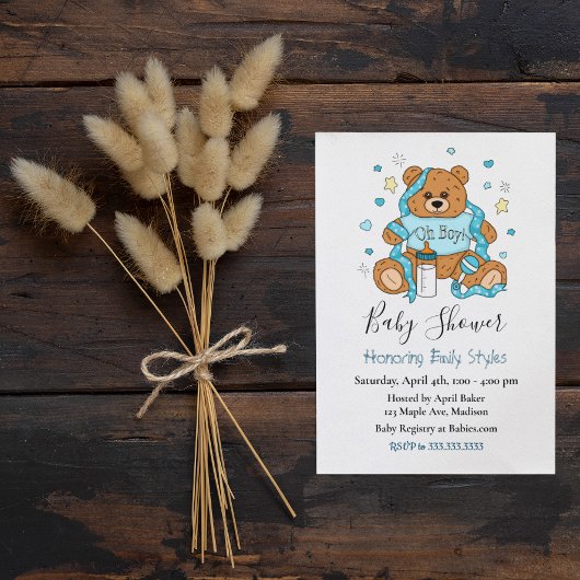 可愛いブルーボーイのテディベア赤ちゃんシャワー 招待状