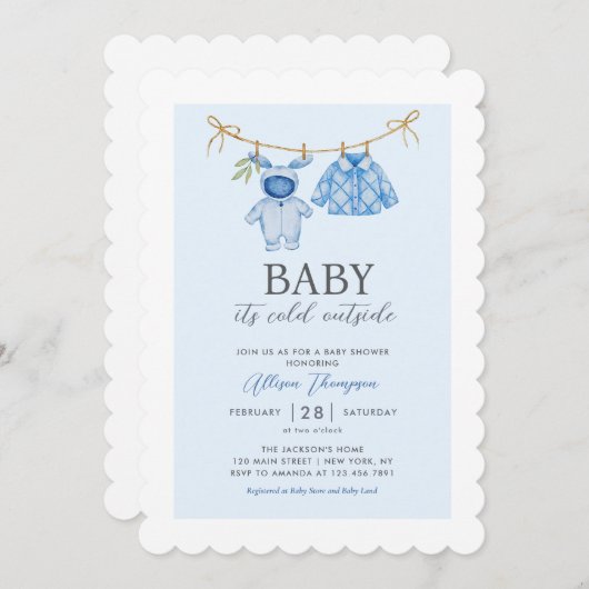 可愛いブルーボーイクロスレイン冬の赤ちゃんシャワー 招待状 (正面/裏面)