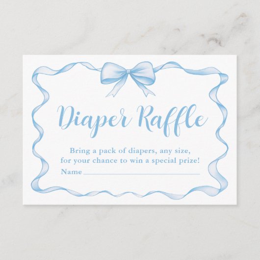 可愛いブルーボーイリボン赤ちゃんシャワーおむつラッフル エンクロージャーカード (正面)