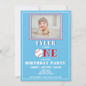 可愛いブルーボーイ野球写真第1回誕生日 招待状 (正面)