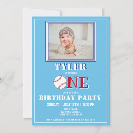 可愛いブルーボーイ野球写真第1回誕生日 招待状 (正面)
