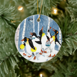 可愛いブルーミュージックペンギン子供たちクリスマス セラミックオーナメント