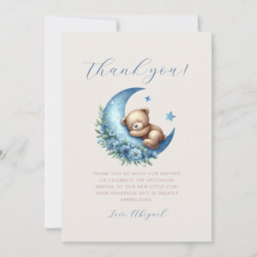 可愛いブルームーンテディベア赤ちゃんシャワーありがとう 招待状 (正面)
