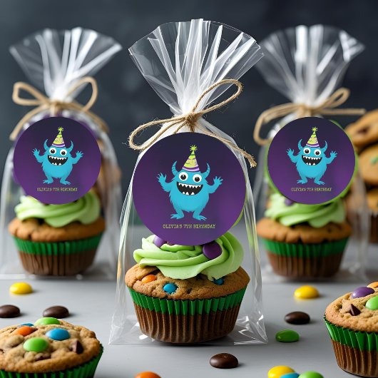 可愛いブルーモンスターバースデーパーティー ラウンドシール