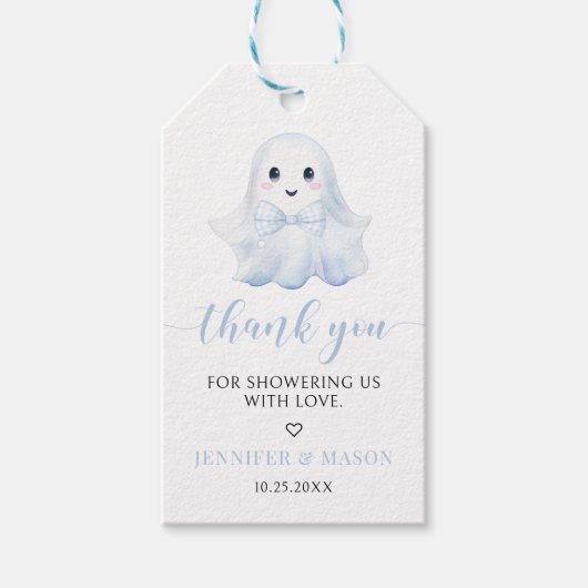 可愛いブルーリトルブボウ男の赤ちゃんシャワーサンキュー ギフトタグ (正面)
