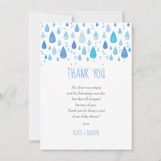 可愛いブルーレインドロップ赤ちゃんシャワーありがとう詩 サンキューカード (正面)