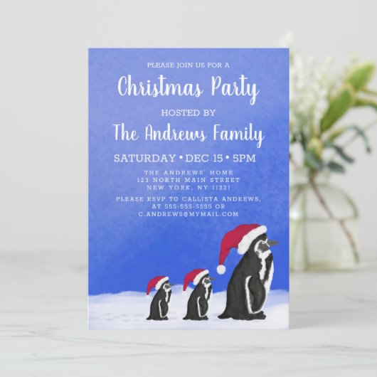 可愛いブルーレッドペンギンサンタファミリースノーウィークリスマス 招待状 (スタンド正面)