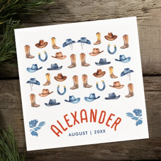 可愛いブルーレッドRodeo馬カウボーイウォーター色名 スタンダードカクテルナプキン