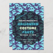 可愛いブルー幽霊紫の背景ハロウィーン 招待状 (正面/裏面)