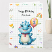 可愛いブルー恐竜バルーンボーイ誕生日パーティー カード (正面)