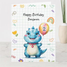可愛いブルー恐竜バルーンボーイ誕生日パーティー カード