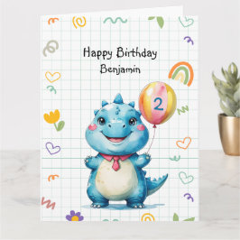 可愛いブルー恐竜バルーンボーイ誕生日パーティー カード