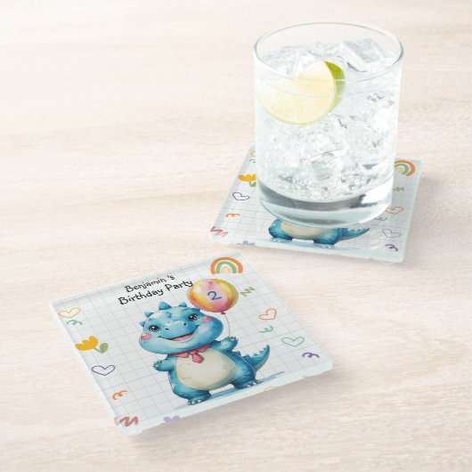 可愛いブルー恐竜バルーンボーイ誕生日パーティー ガラスコースター (アングル)