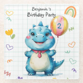可愛いブルー恐竜バルーンボーイ誕生日パーティー ガラスコースター (正面)