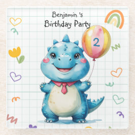 可愛いブルー恐竜バルーンボーイ誕生日パーティー ガラスコースター