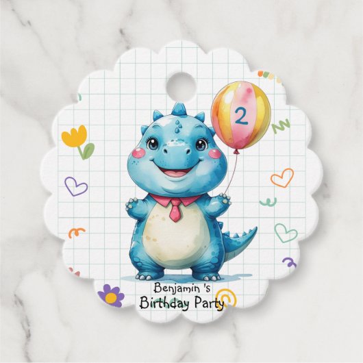 可愛いブルー恐竜バルーンボーイ誕生日パーティー フェイバータグ (正面)