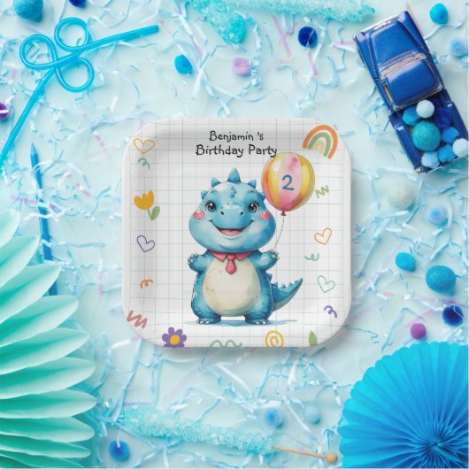 可愛いブルー恐竜バルーンボーイ誕生日パーティー ペーパープレート (パーティー)