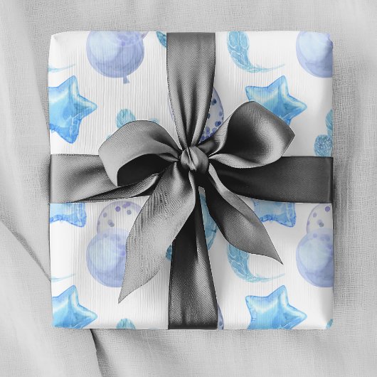 可愛いブルー水彩風船男の赤ちゃんボーホパターン ラッピングペーパー