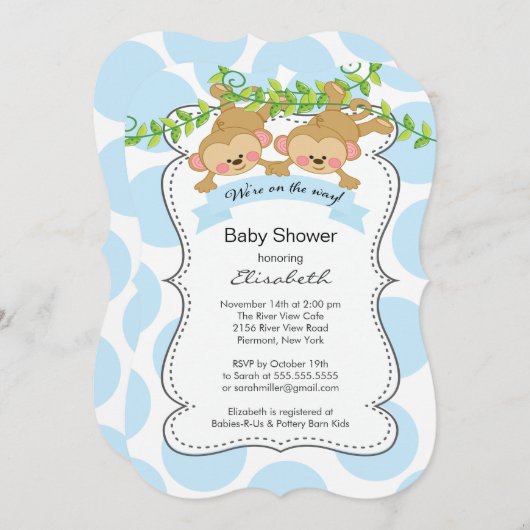 可愛いブルー水玉模様モンキーボーイズベビーシャワー 招待状 (正面/裏面)