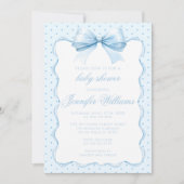 可愛いブルー水玉模様リボン男の赤ちゃんシャワー 招待状 (正面)