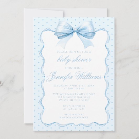 可愛いブルー水玉模様リボン男の赤ちゃんシャワー 招待状 (正面)