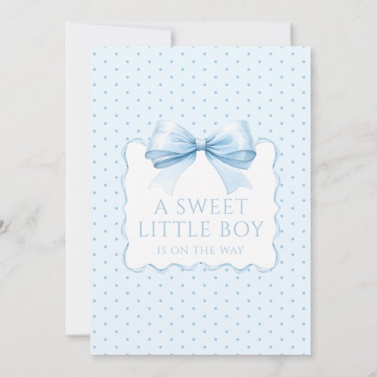 可愛いブルー水玉模様リボン男の赤ちゃんシャワー 招待状 (裏面)