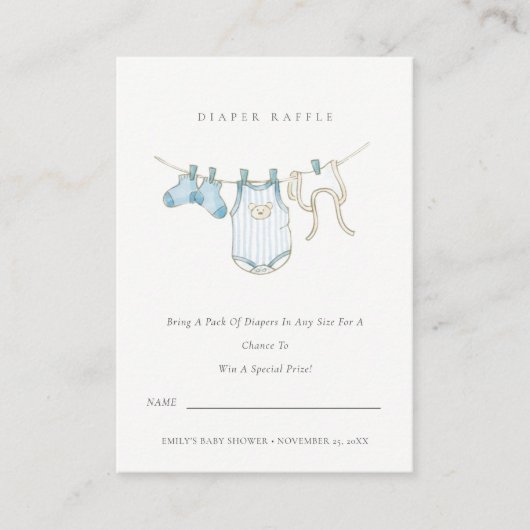 可愛いブルー物干しおむつラッフルベビーシャワー エンクロージャーカード (正面)