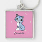 可愛いブルー猫オンピンク名前をカスタムする キーホルダー (正面)