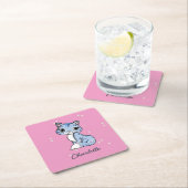 可愛いブルー猫オンピンク名前をカスタムする スクエアペーパーコースター (インサイチュ)