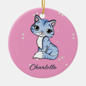 可愛いブルー猫オンピンク名前をカスタムする セラミックオーナメント (正面)