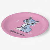 可愛いブルー猫オンピンク名前をカスタムする ペーパープレート (アングル)