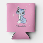 可愛いブルー猫オンピンク名前をカスタムする 缶クーラー (正面)
