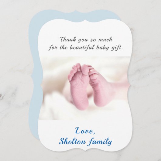 可愛いブルー男の赤ちゃん赤ちゃんシャワー写真 サンキューカード (正面/裏面)