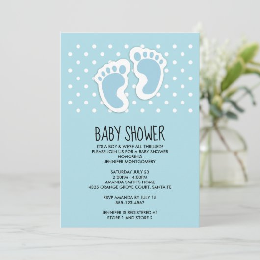 可愛いブルー男の赤ちゃん足跡ベビーシャワー 招待状 (スタンド正面)
