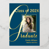 可愛いブルー金ゴールド写真2024大学院発表 箔招待状 (正面)