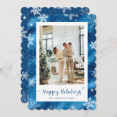 可愛いブルー雪のフォトホリデー シーズンカード (正面/裏面)