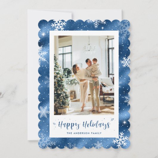 可愛いブルー雪のフォトホリデー シーズンカード (正面)