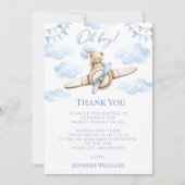 可愛いブルー飛行機&テディベア男の赤ちゃんシャワー サンキューカード (正面)