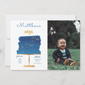 可愛いブルー、シルバー&金ゴールド | フォト最初の誕生日 招待状 (正面)