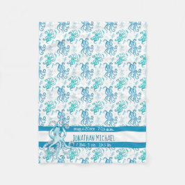 可愛いブルー&ティール（緑がかった色）水彩タコベビー名 フリースブランケット