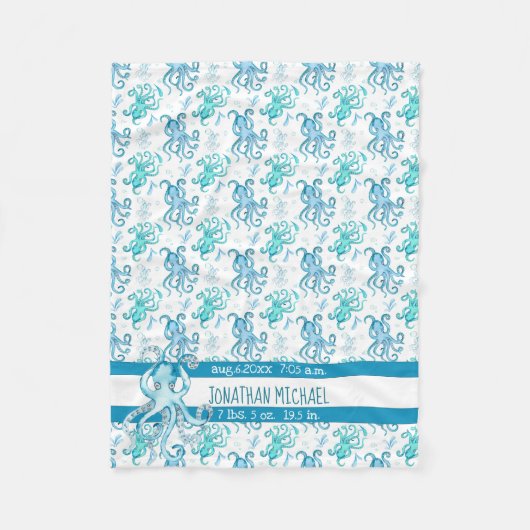 可愛いブルー&ティール(緑がかった色)水彩タコベビー名 フリースブランケット (正面)